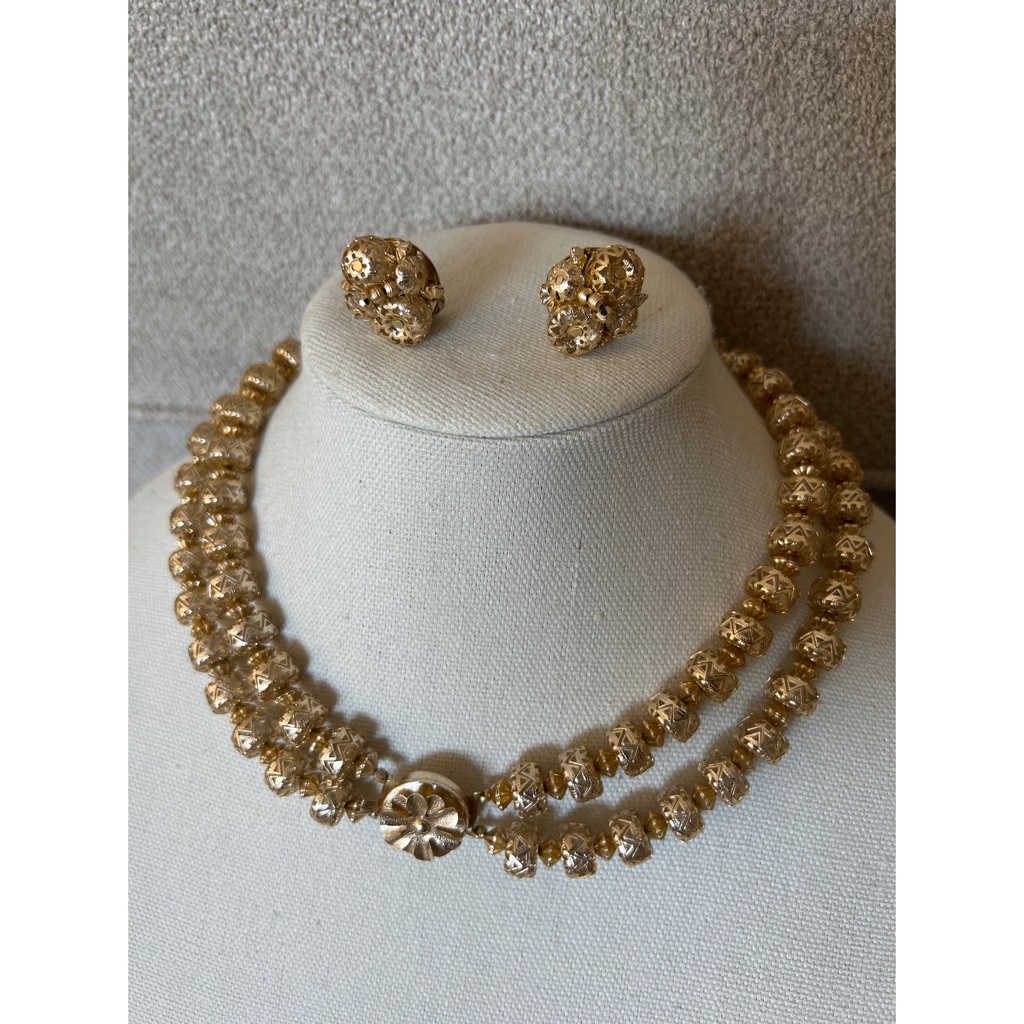 Vintage Gold Filigree Beaded Necklace And Earring Set